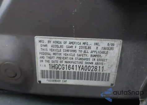 2000 Honda Accord 3.0 Lx из США, поврежденный, VIN 1HGCG1641YA002811